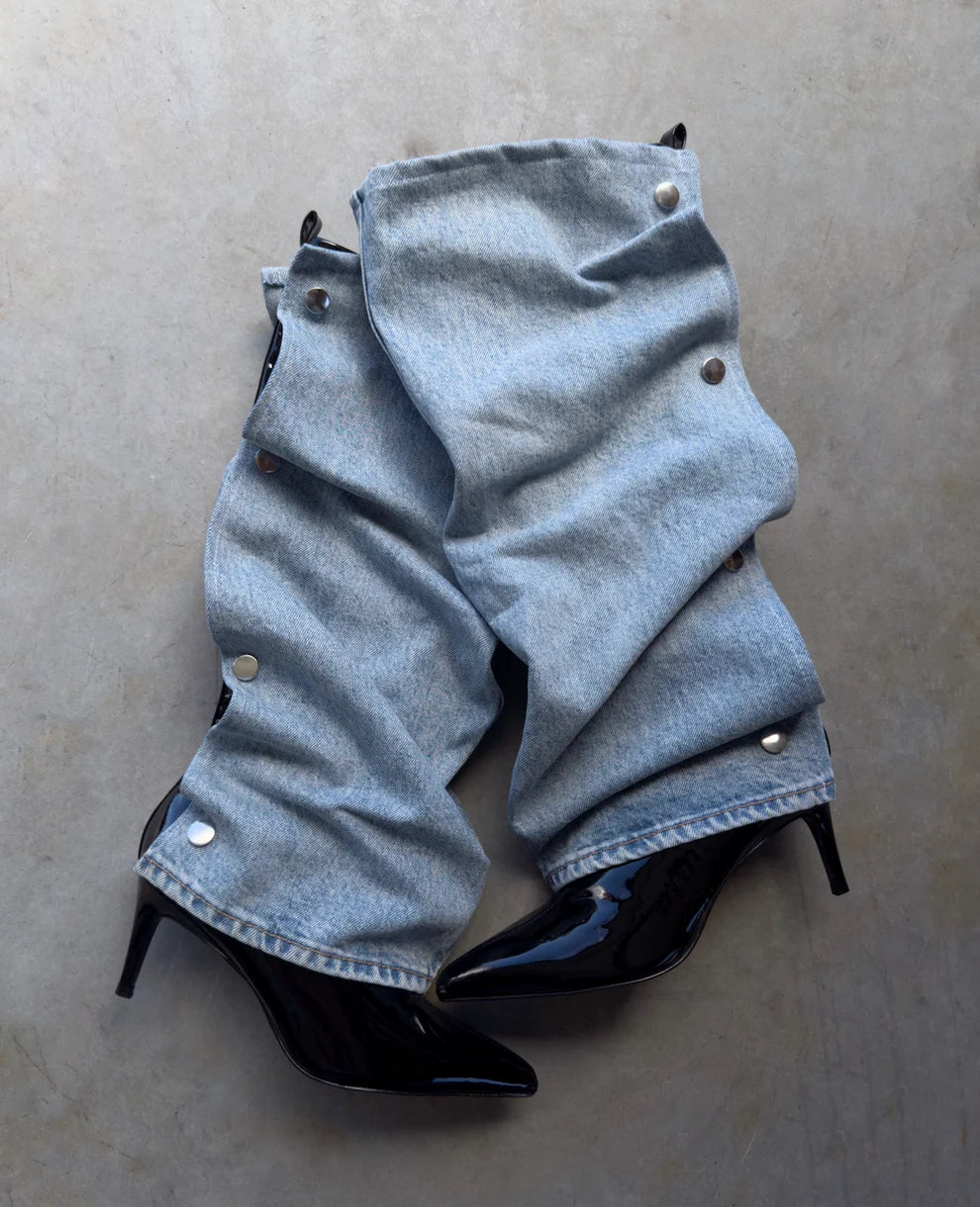 Shiny Light Blue Denim Heels